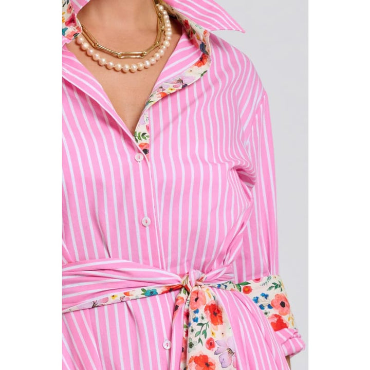 The Luna Oversized Long Line Shirt Dress | Pink Stripe Floral Trim - Dress