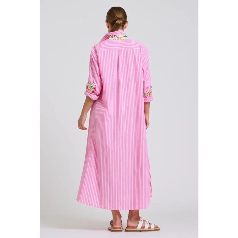 The Luna Oversized Long Line Shirt Dress | Pink Stripe Floral Trim - Dress