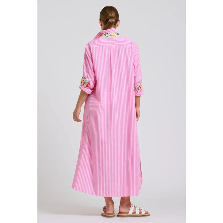 The Luna Oversized Long Line Shirt Dress | Pink Stripe Floral Trim - Dress