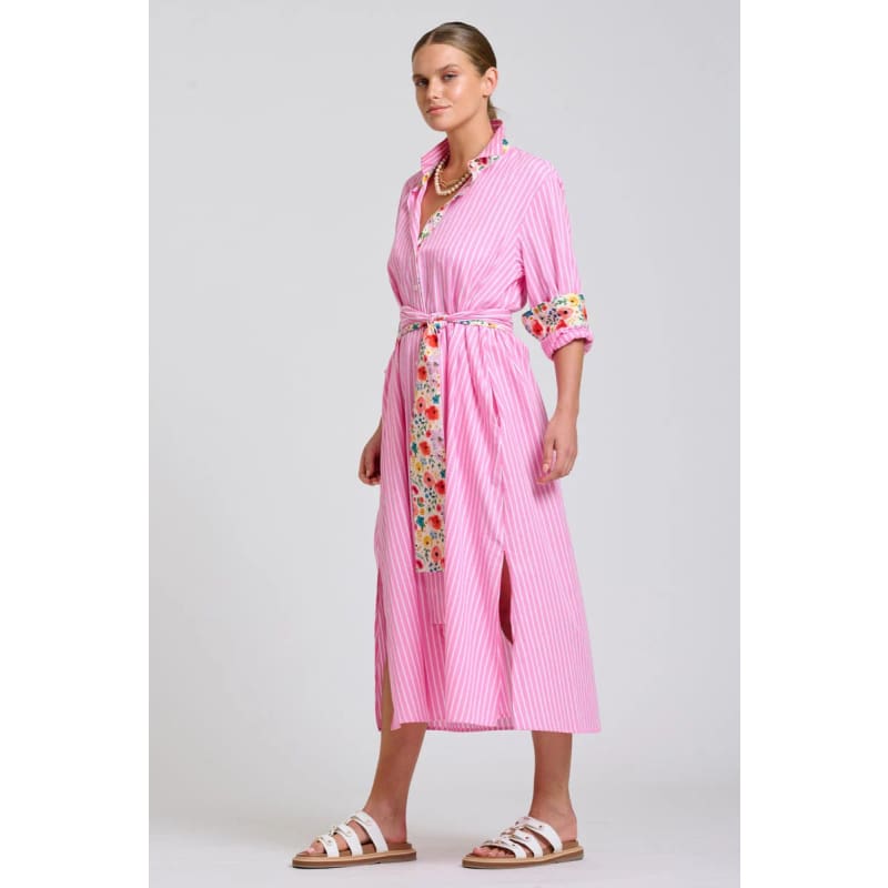 The Luna Oversized Long Line Shirt Dress | Pink Stripe Floral Trim - Dress