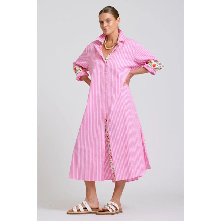 The Luna Oversized Long Line Shirt Dress | Pink Stripe Floral Trim - Dress