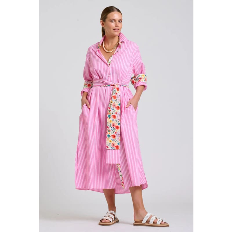 The Luna Oversized Long Line Shirt Dress | Pink Stripe Floral Trim - Dress
