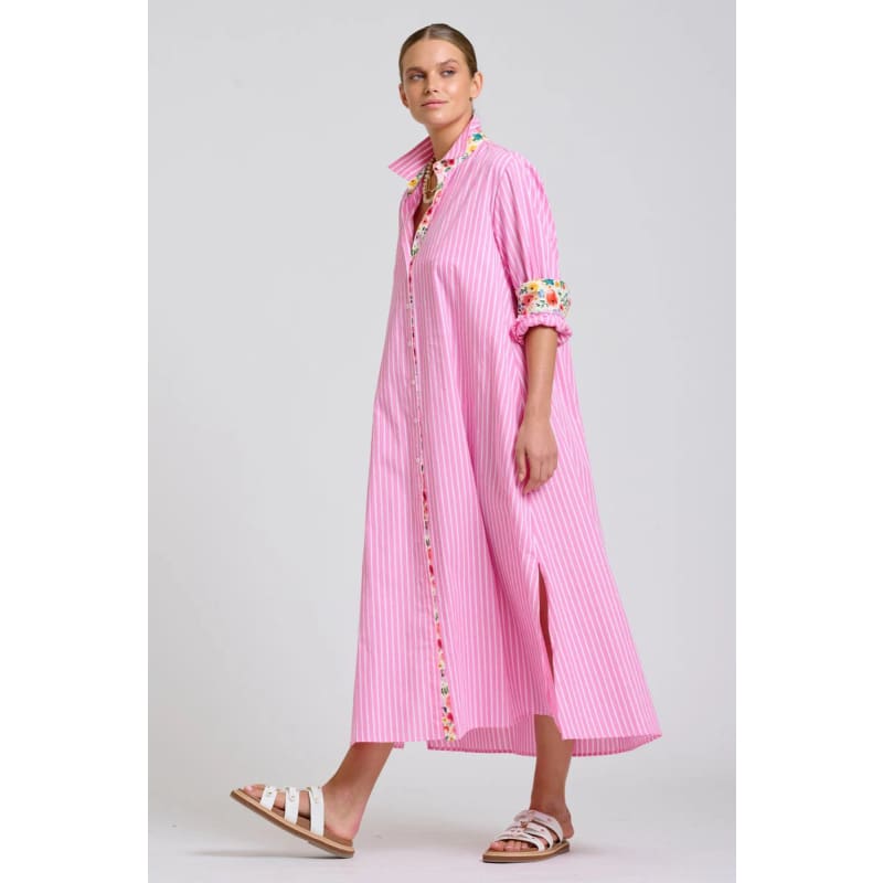 The Luna Oversized Long Line Shirt Dress | Pink Stripe Floral Trim - Dress