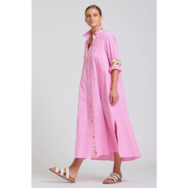 The Luna Oversized Long Line Shirt Dress | Pink Stripe Floral Trim - Dress