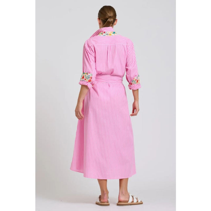 The Luna Oversized Long Line Shirt Dress | Pink Stripe Floral Trim - Dress
