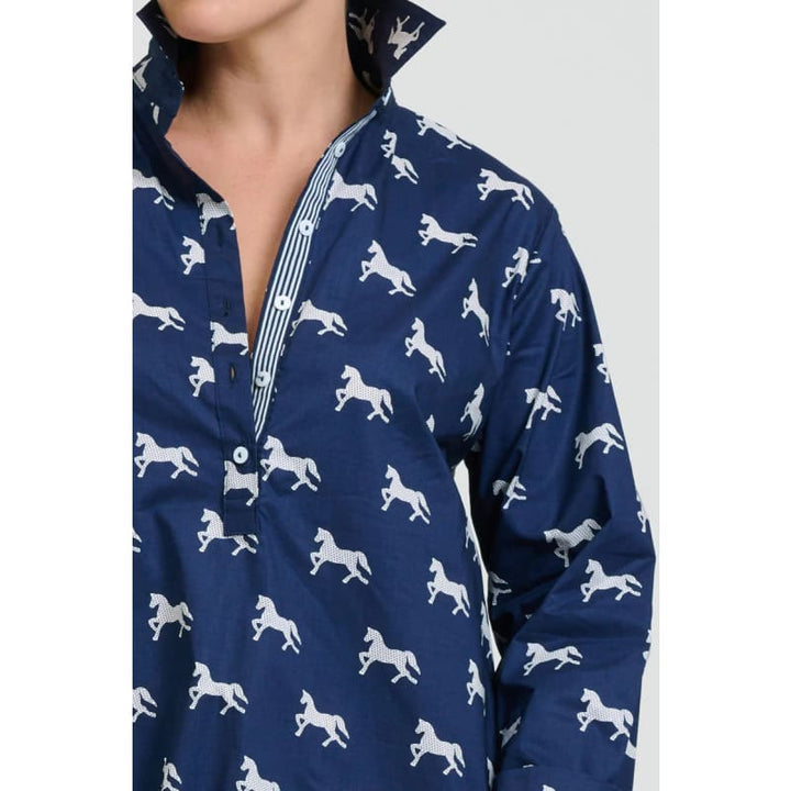 The Popover Shirt Dress | Navy with White Pony Prance - Dress
