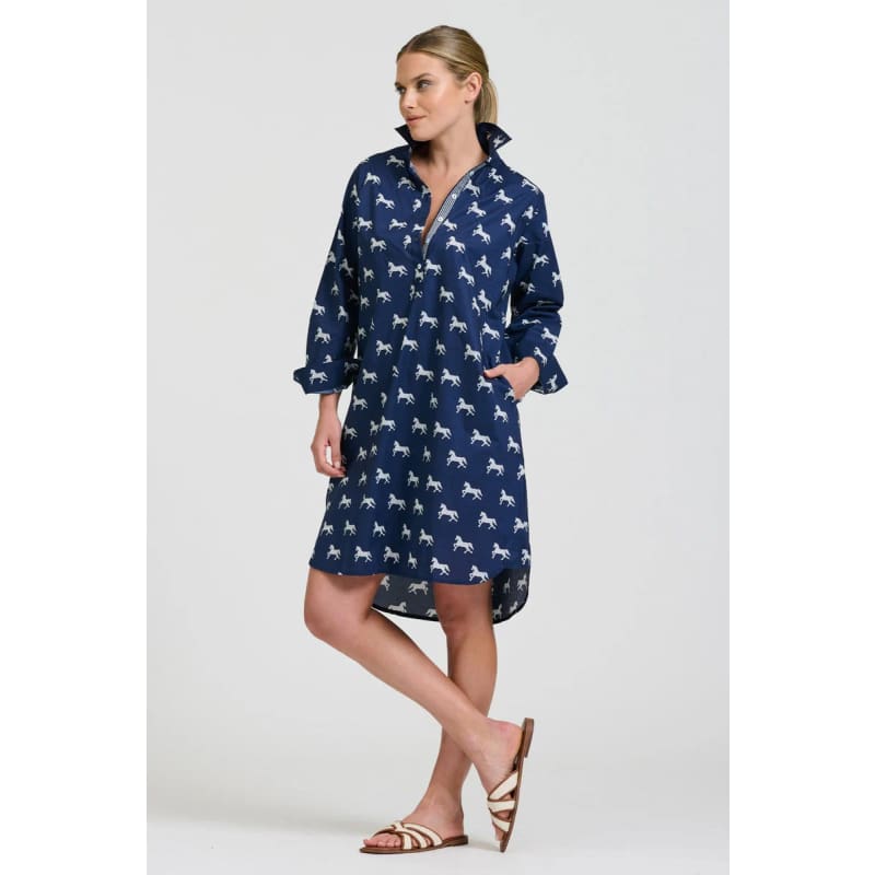 The Popover Shirt Dress | Navy with White Pony Prance - Dress