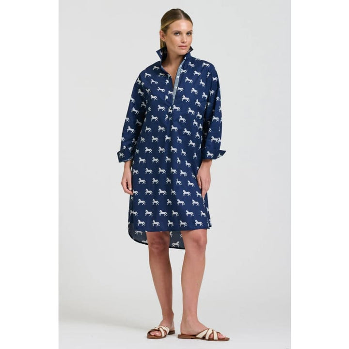 The Popover Shirt Dress | Navy with White Pony Prance - Dress