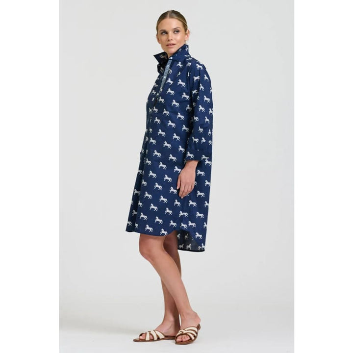 The Popover Shirt Dress | Navy with White Pony Prance - Dress