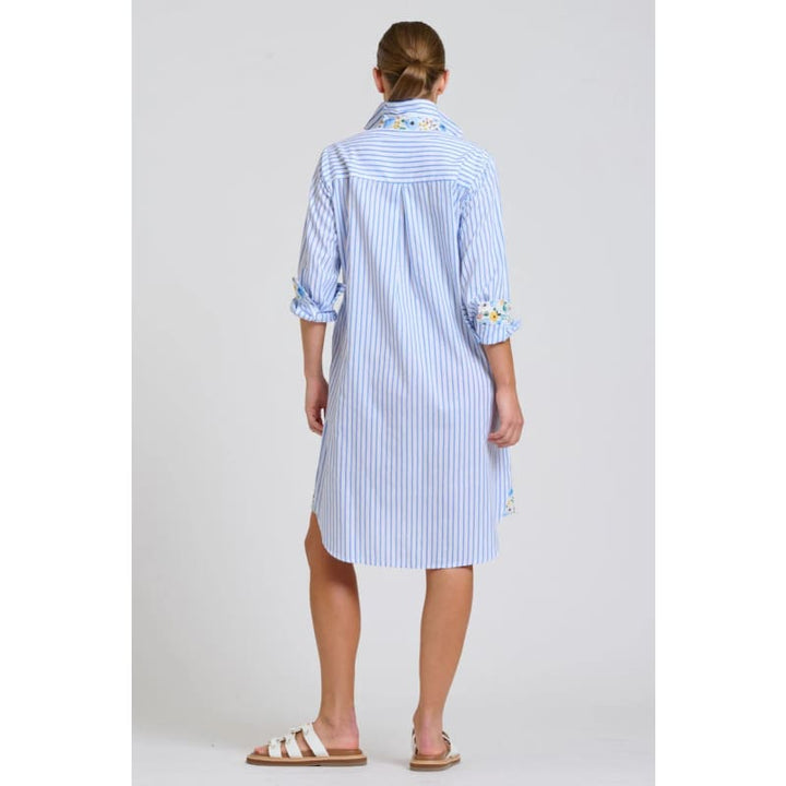 The Popover Shirt Dress | White with Blue Stripe Floral Trim - Dress