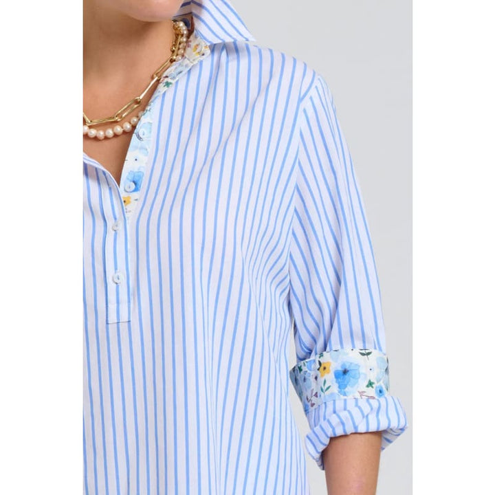 The Popover Shirt Dress | White with Blue Stripe Floral Trim - Dress