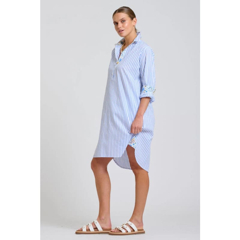 The Popover Shirt Dress | White with Blue Stripe Floral Trim - Dress