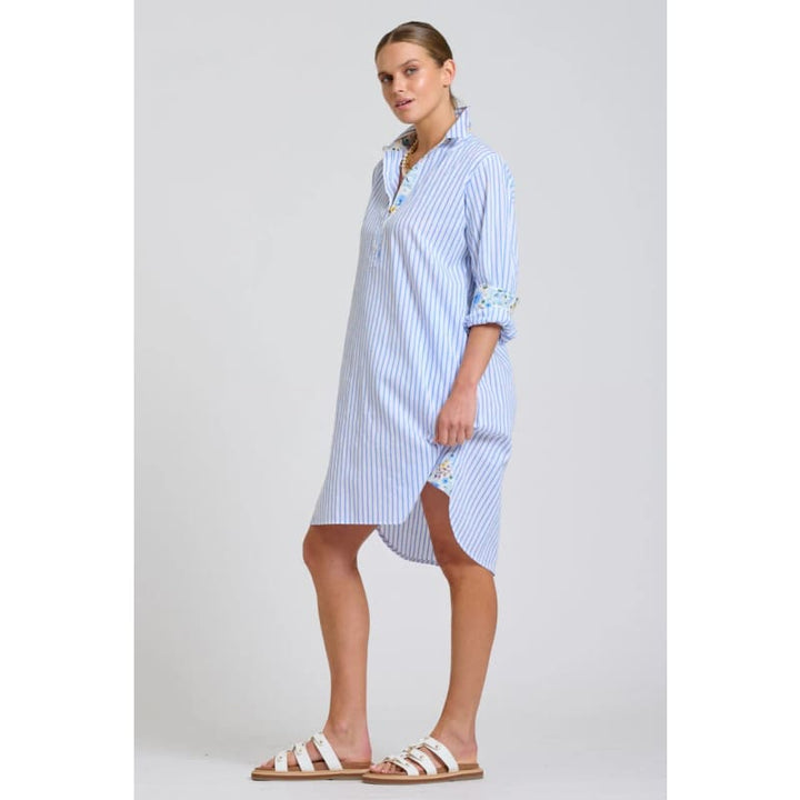 The Popover Shirt Dress | White with Blue Stripe Floral Trim - Dress