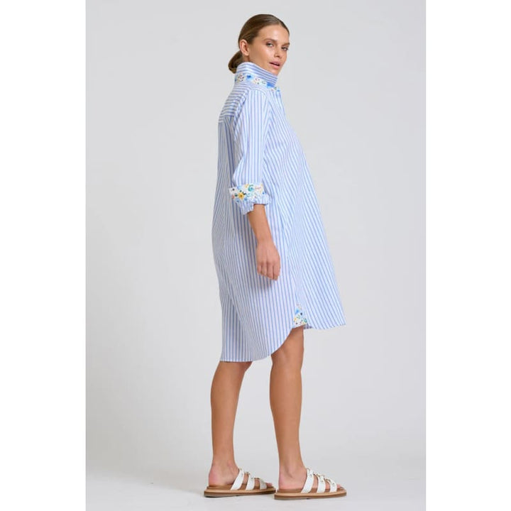 The Popover Shirt Dress | White with Blue Stripe Floral Trim - Dress