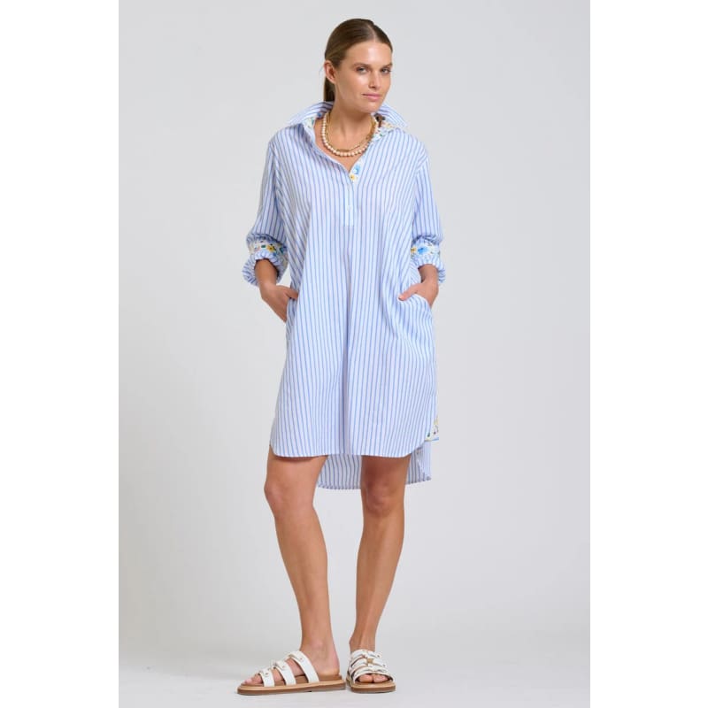The Popover Shirt Dress | White with Blue Stripe Floral Trim - Dress