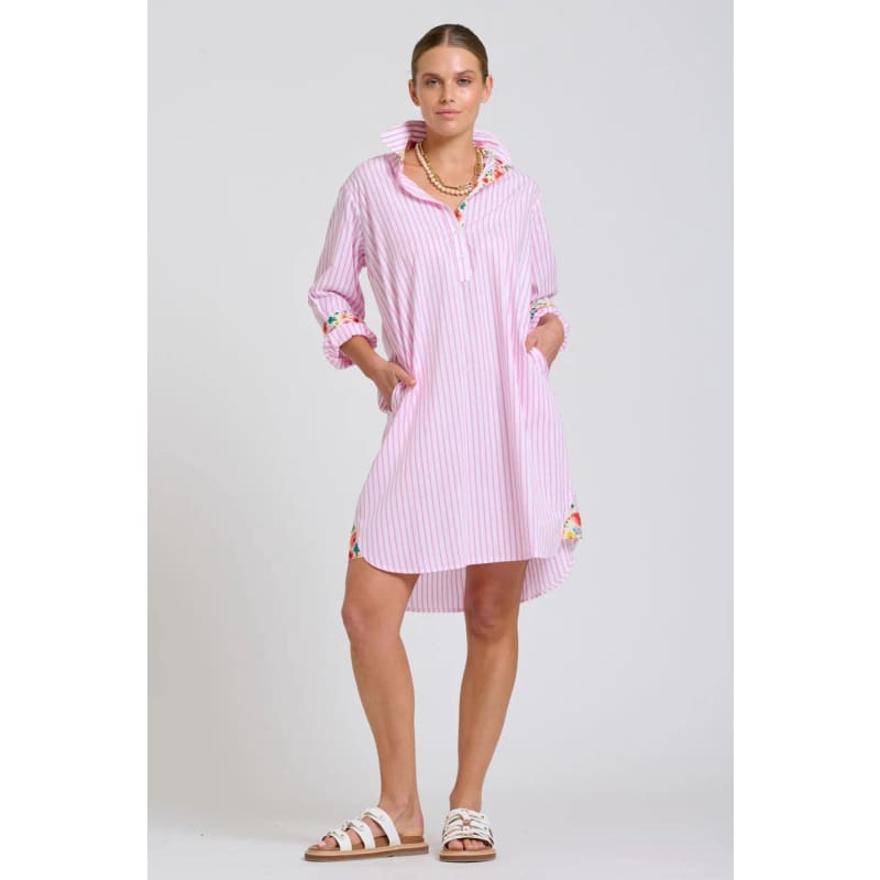 The Popover Shirt Dress | White with Pink Stripe Floral Trim - Dress