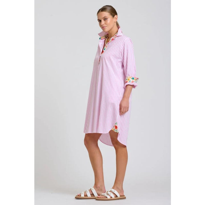 The Popover Shirt Dress | White with Pink Stripe Floral Trim - Dress
