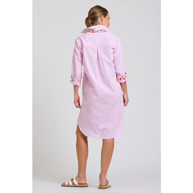 The Popover Shirt Dress | White with Pink Stripe Floral Trim - Dress