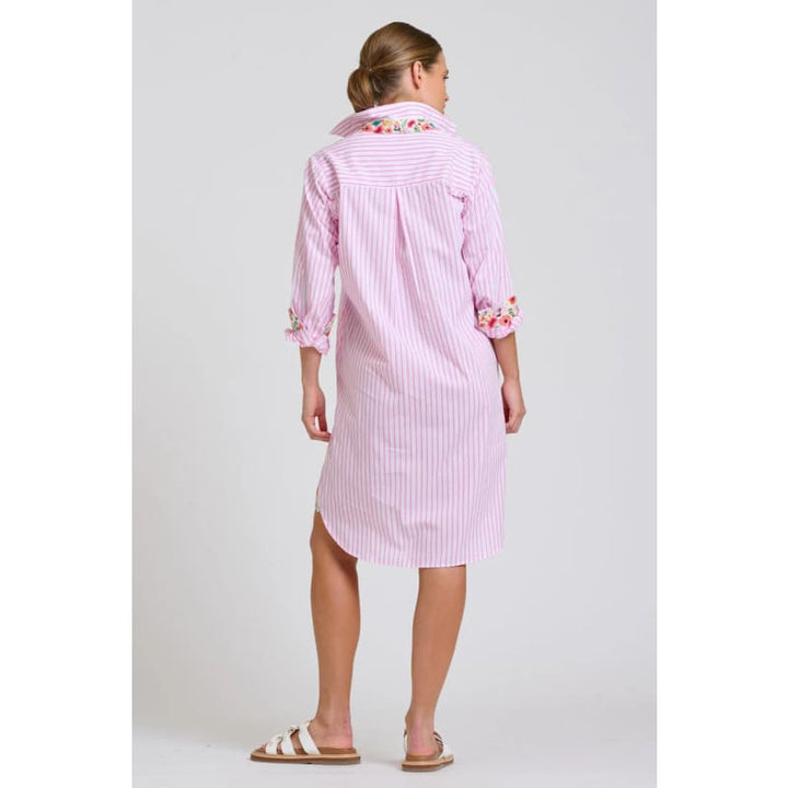 The Popover Shirt Dress | White with Pink Stripe Floral Trim - Dress