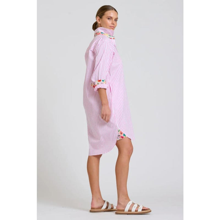 The Popover Shirt Dress | White with Pink Stripe Floral Trim - Dress