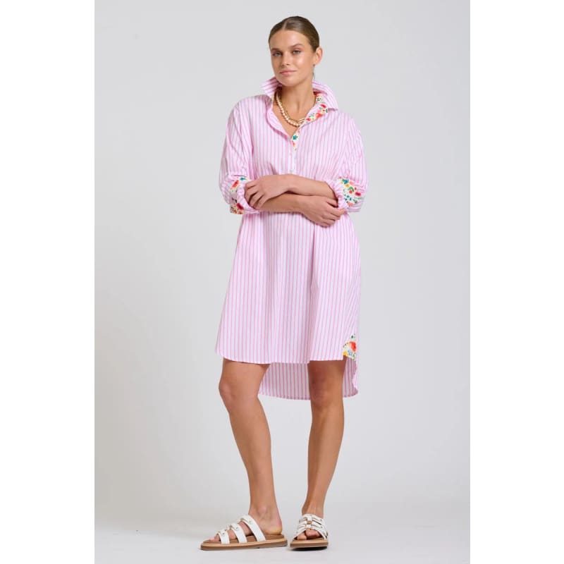 The Popover Shirt Dress | White with Pink Stripe Floral Trim - Dress