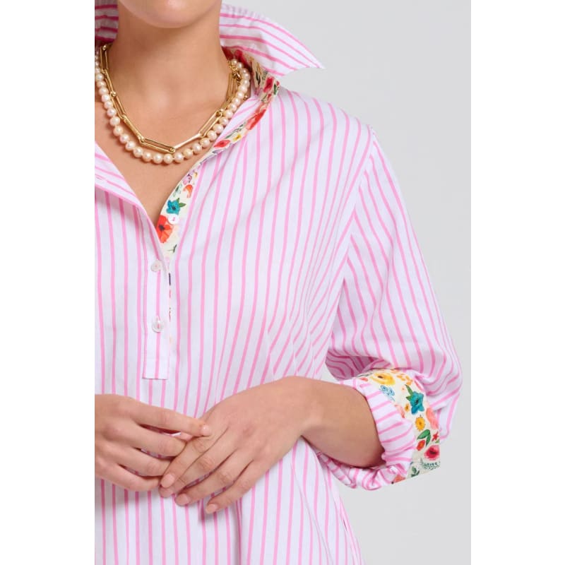 The Popover Shirt Dress | White with Pink Stripe Floral Trim - Dress