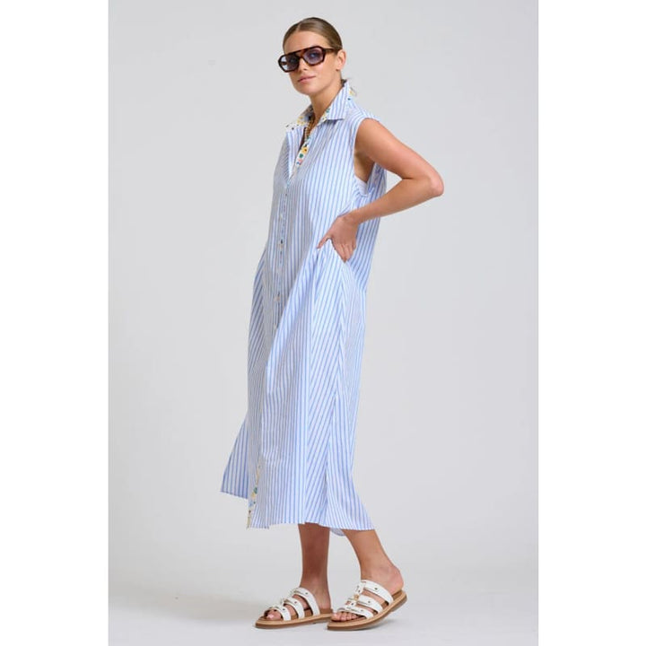 The Sloane Oversized Sleeveless Shirt Dress | White with Blue Stripe Floral Trim - Dress