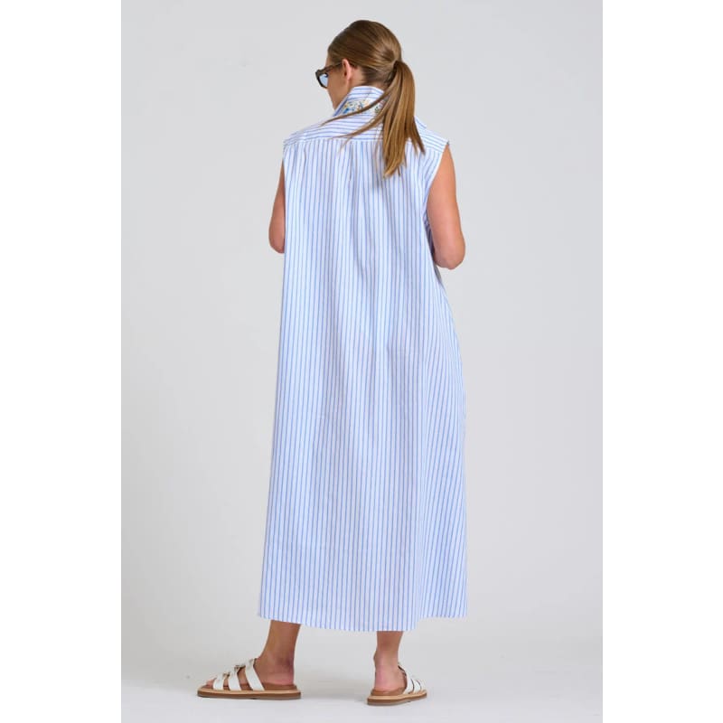 The Sloane Oversized Sleeveless Shirt Dress | White with Blue Stripe Floral Trim - Dress