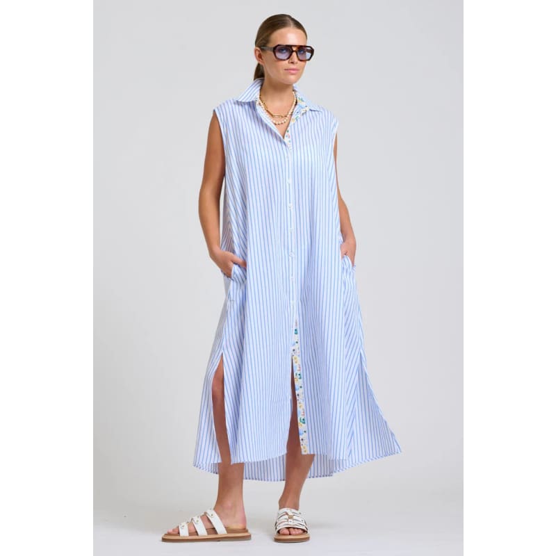 The Sloane Oversized Sleeveless Shirt Dress | White with Blue Stripe Floral Trim - Dress