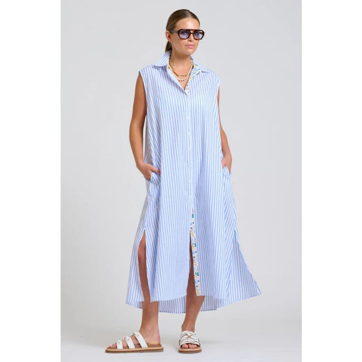 The Sloane Oversized Sleeveless Shirt Dress | White with Blue Stripe Floral Trim - Dress