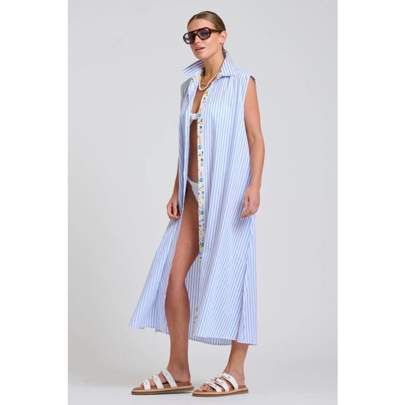 The Sloane Oversized Sleeveless Shirt Dress | White with Blue Stripe Floral Trim - Dress