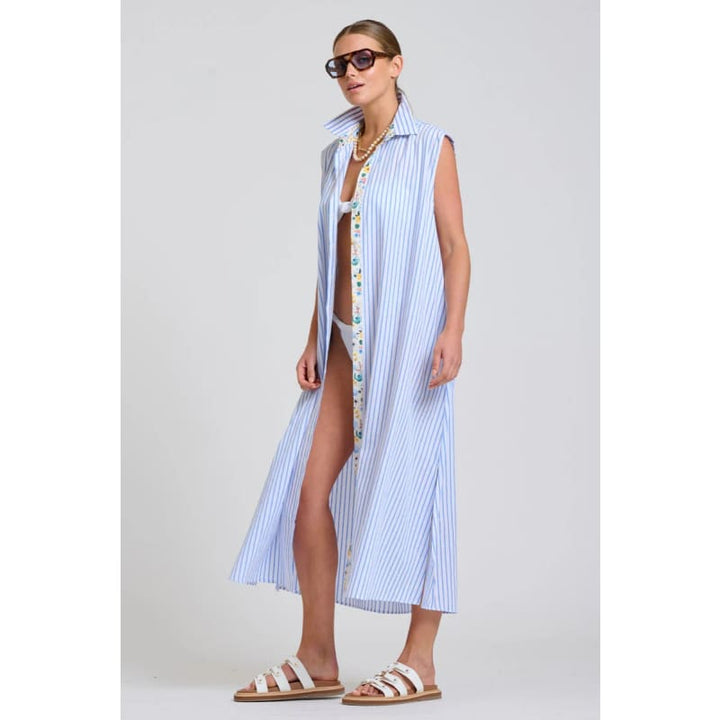 The Sloane Oversized Sleeveless Shirt Dress | White with Blue Stripe Floral Trim - Dress