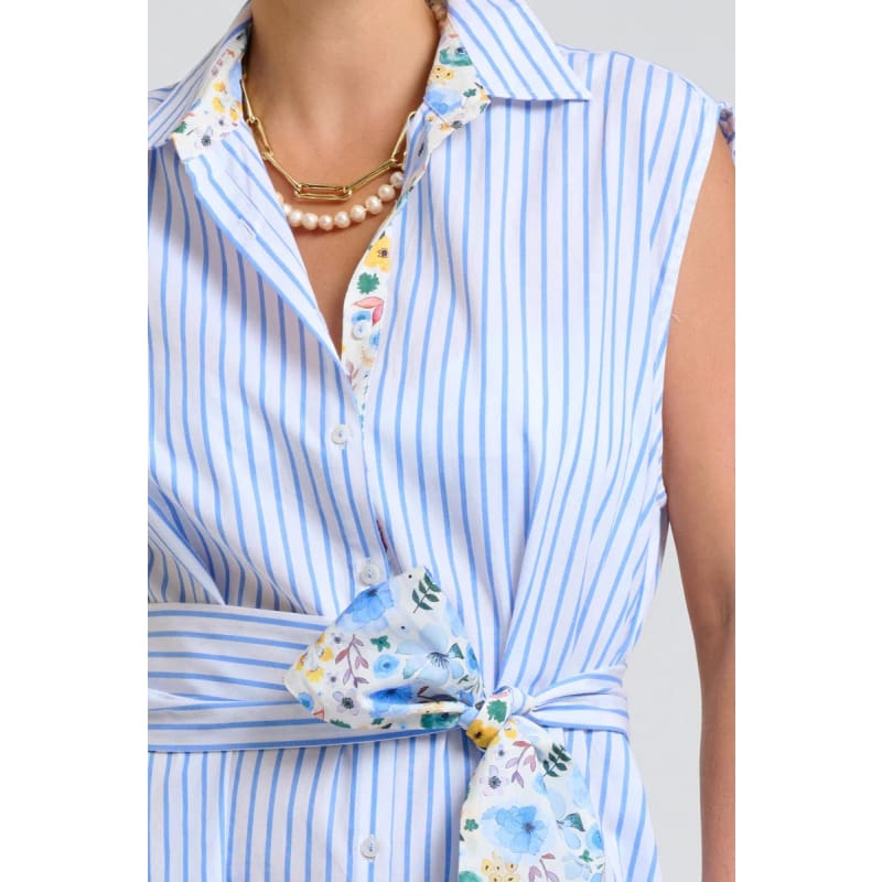 The Sloane Oversized Sleeveless Shirt Dress | White with Blue Stripe Floral Trim - Dress