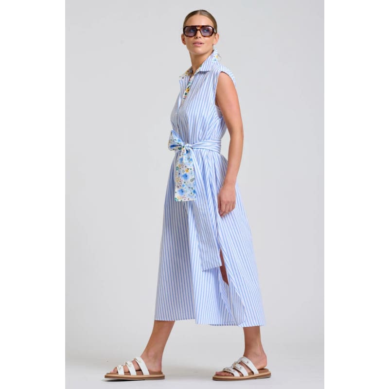 The Sloane Oversized Sleeveless Shirt Dress | White with Blue Stripe Floral Trim - Dress