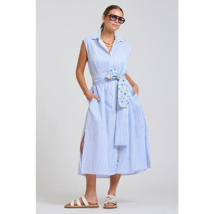 The Sloane Oversized Sleeveless Shirt Dress | White with Blue Stripe Floral Trim - Dress