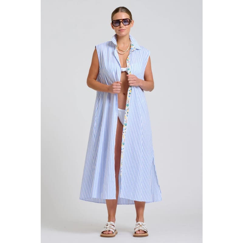 The Sloane Oversized Sleeveless Shirt Dress | White with Blue Stripe Floral Trim - Dress