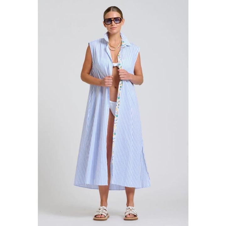 The Sloane Oversized Sleeveless Shirt Dress | White with Blue Stripe Floral Trim - Dress