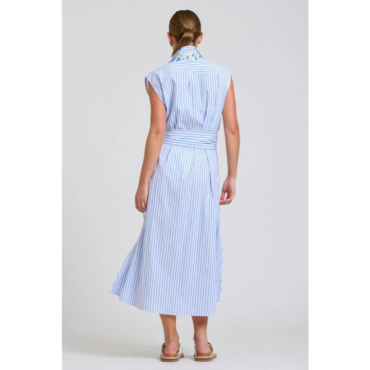 The Sloane Oversized Sleeveless Shirt Dress | White with Blue Stripe Floral Trim - Dress