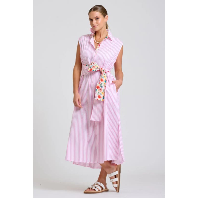 The Sloane Oversized Sleeveless Shirt Dress | White with Pink Stripe Floral Trim - Dress