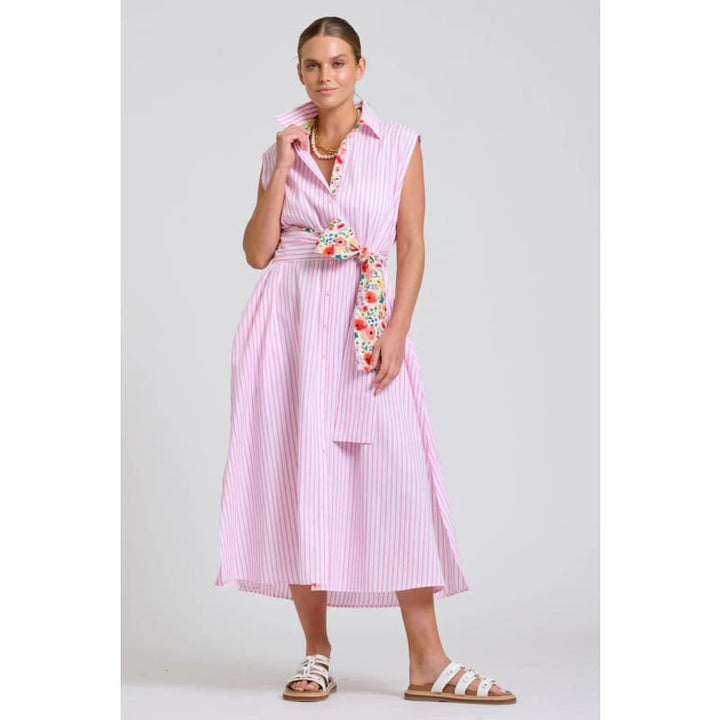 The Sloane Oversized Sleeveless Shirt Dress | White with Pink Stripe Floral Trim - Dress