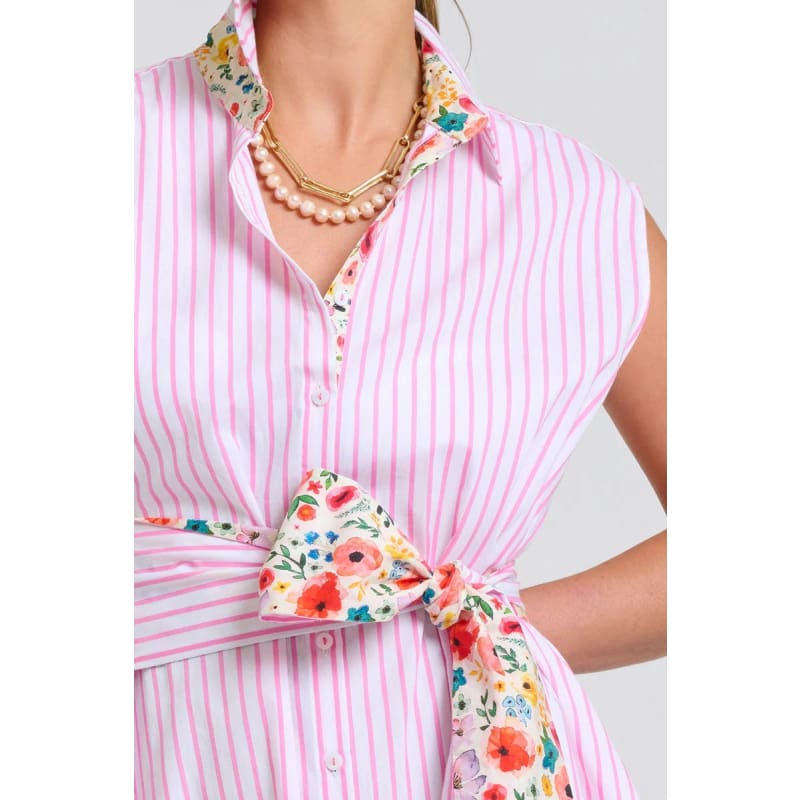 The Sloane Oversized Sleeveless Shirt Dress | White with Pink Stripe Floral Trim - Dress