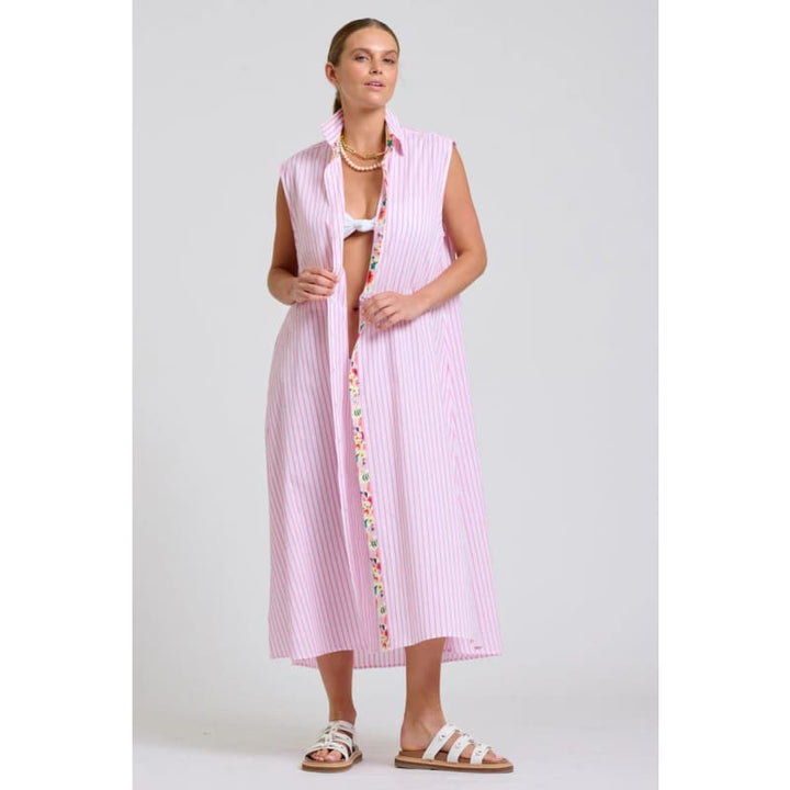 The Sloane Oversized Sleeveless Shirt Dress | White with Pink Stripe Floral Trim - Dress