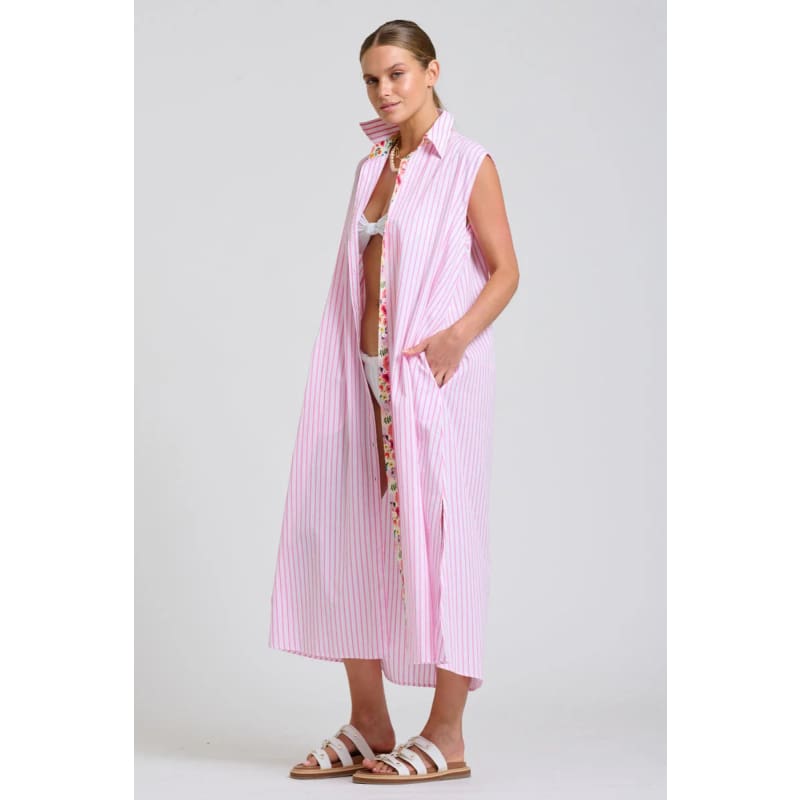 The Sloane Oversized Sleeveless Shirt Dress | White with Pink Stripe Floral Trim - Dress