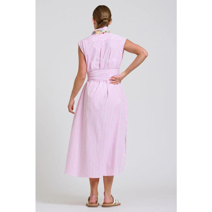 The Sloane Oversized Sleeveless Shirt Dress | White with Pink Stripe Floral Trim - Dress