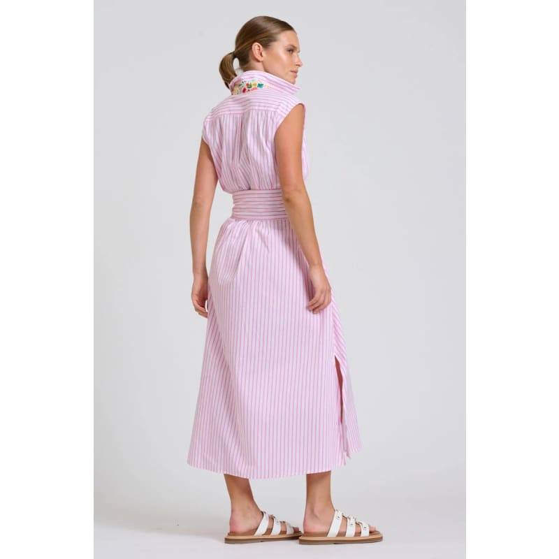 The Sloane Oversized Sleeveless Shirt Dress | White with Pink Stripe Floral Trim - Dress