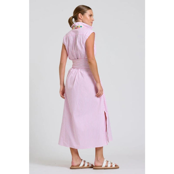 The Sloane Oversized Sleeveless Shirt Dress | White with Pink Stripe Floral Trim - Dress