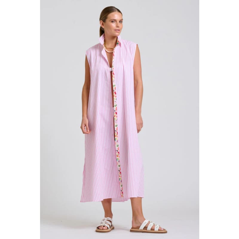 The Sloane Oversized Sleeveless Shirt Dress | White with Pink Stripe Floral Trim - Dress