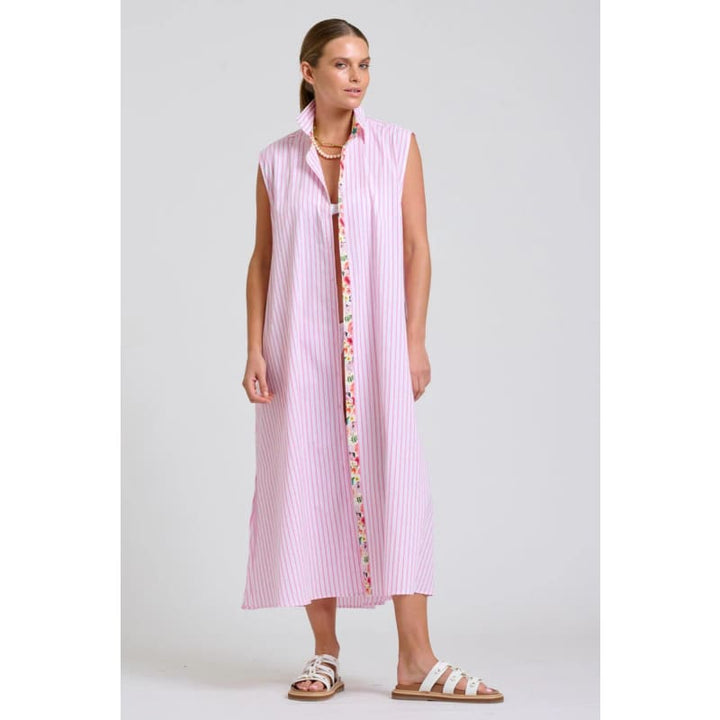 The Sloane Oversized Sleeveless Shirt Dress | White with Pink Stripe Floral Trim - Dress