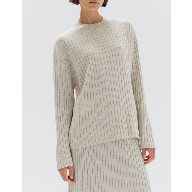Wool Cashmere Rib Long Sleeve Top | Oat Marle - Tops