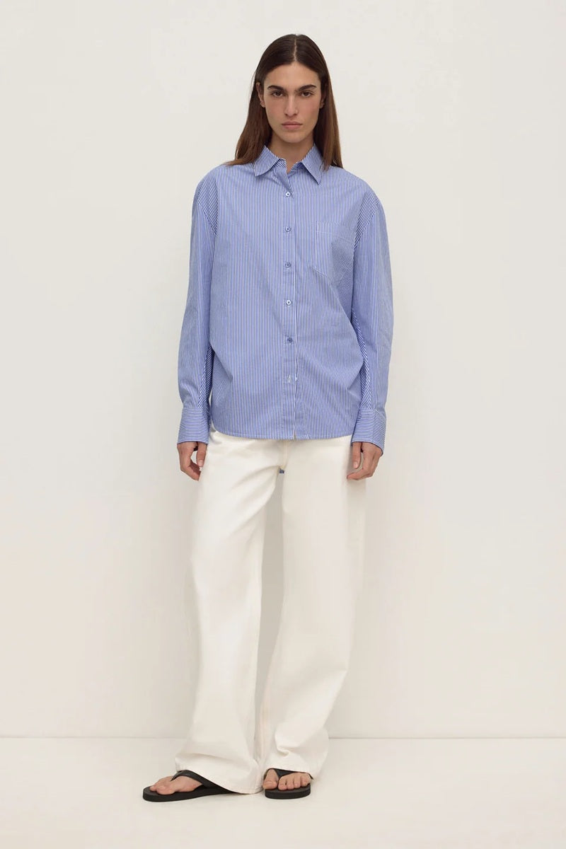 Ava Stripe Cotton Poplin Long Sleeve Shirt | Navy Stripe